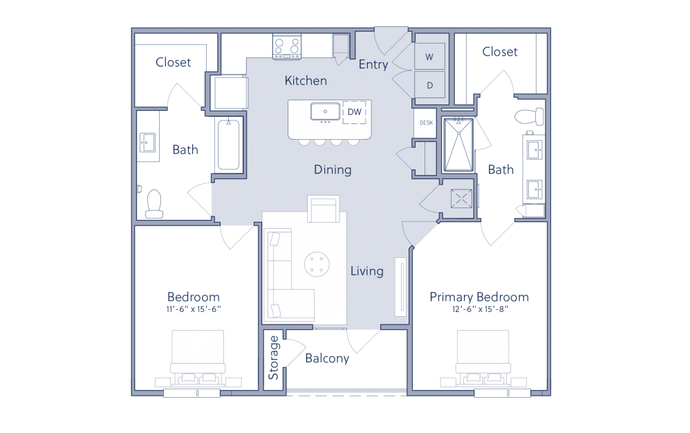 B1A-ANSI - 2 bedroom floorplan layout with 2 baths and 1202 square feet.